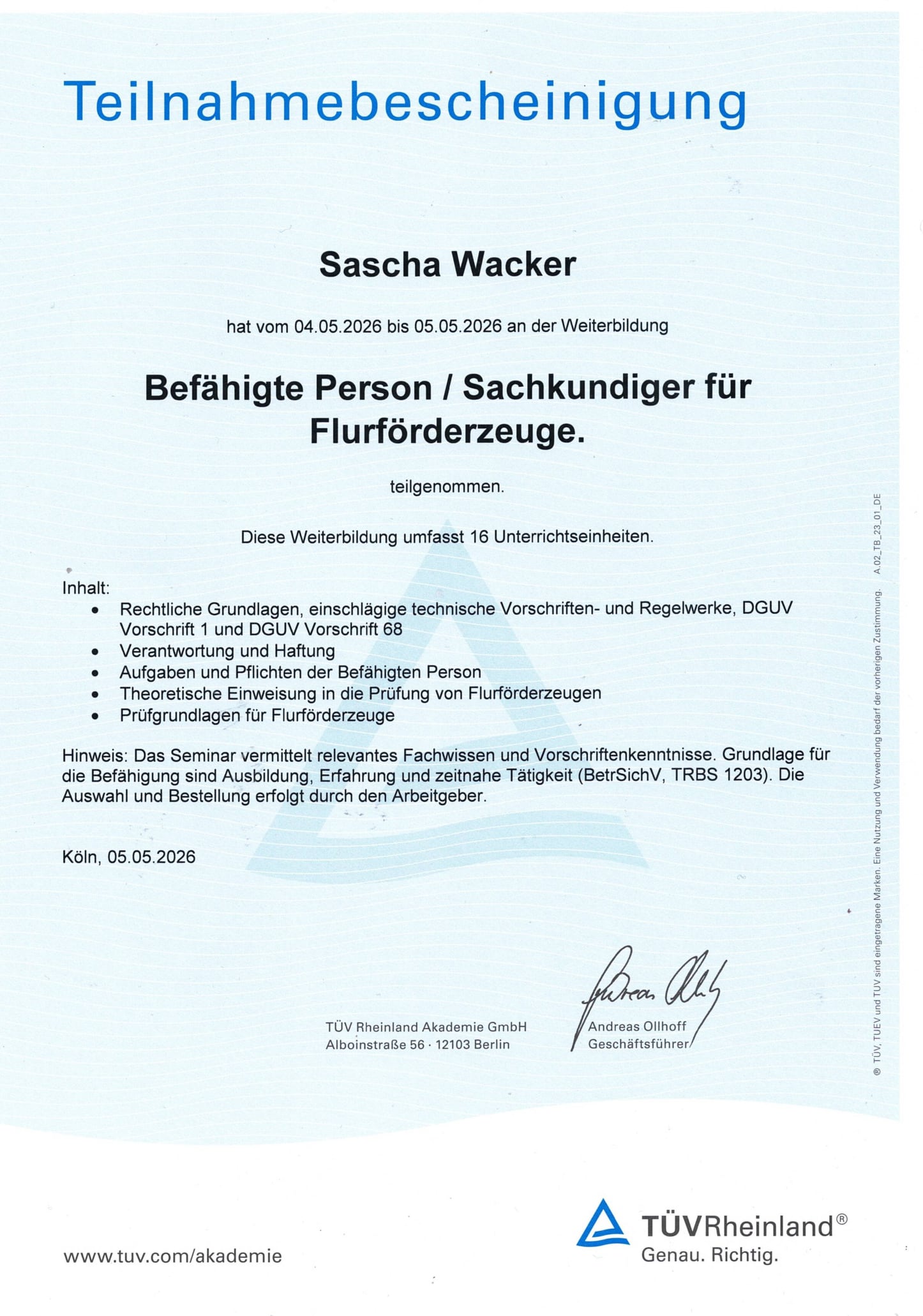 Vorschau Originalurkunde Befähigte Person / Sachkundiger für Flurförderzeuge